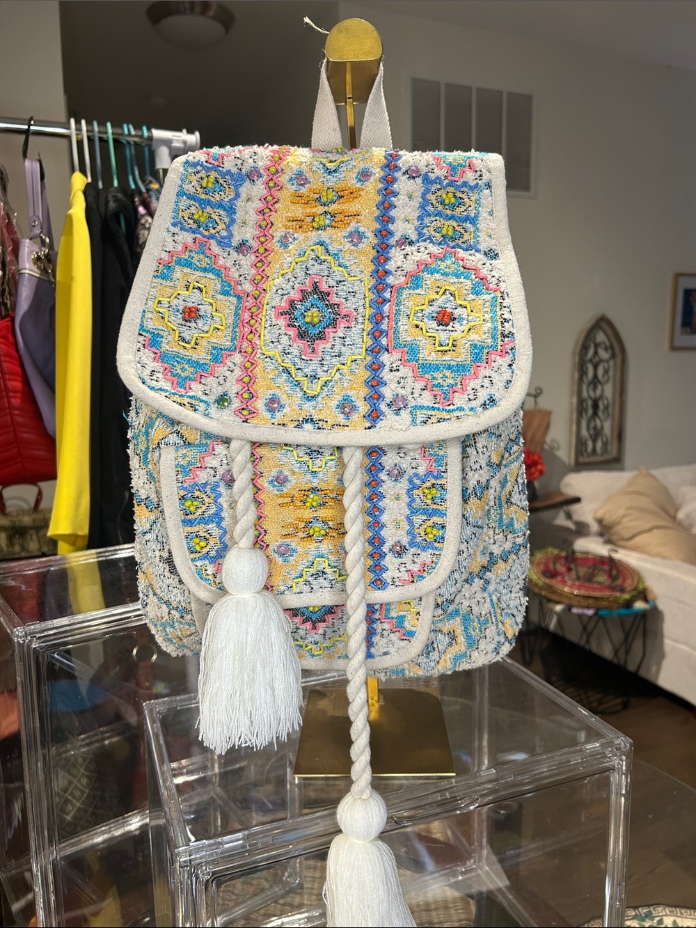 Ruggine Bohemian Embroidered Backpack with Rope Tassel Ties 12”x 3.5”x 13.5” NWT